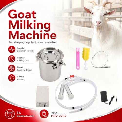 Nakkaa 3L Portable Plug-in Goat Milking Machine | Pulsation Vacuum Electric Milker, Compact Portable Easy Transfer, No Backflow Overflow Protection, Easy Rinse