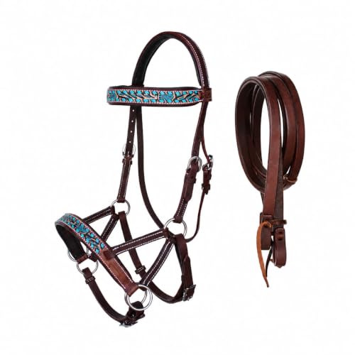 CHALLENGER Horse Western Leather Bitless Sidepull Bridle Split Reins 77RS25 - color: Brown/Turquoise