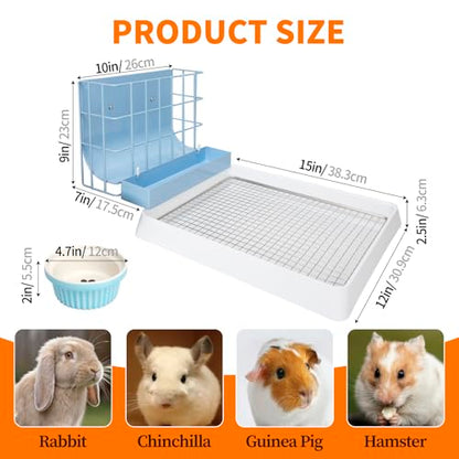 BESNEW 3 in 1 Rabbit Hay Feeder with Litter Box,Upgraded Metal Hay Rack & Litter Tray & Water Bowl,Quick Cleaning,Easy to Install,Bunny Supplies for Rabbit Guinea Pig Chinchilla Small Animals - color: Blue, size: 10in set