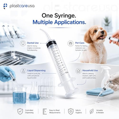 50 Curved Tip Irrigation Syringes (12cc / 12ml) - Disposable Oral Dispensing Utility Syringe (Box of 50) by PlastCare USA