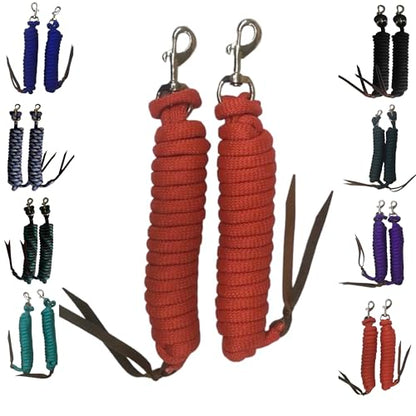 Majestic Ally 14' Pack of 2 Poly Training Lead Rope with Leather Popper for Horses & Livestock – 14 Foot Long and 5/8 inch Thick - Replaceable Heavy-Duty Bolt Snap (Red) - color: Red