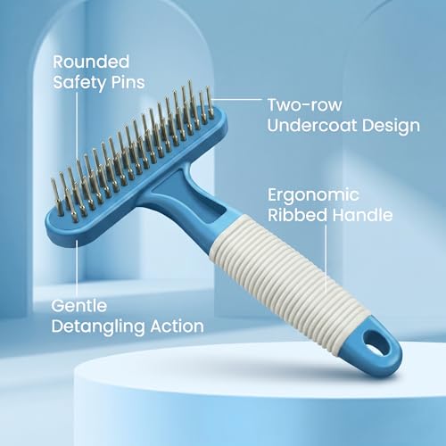 POODLIE Poodle Pet Dog Grooming Rake | Dematting Tool with Stainless Steel Shedding Comb for Pets | 2 Rows of Pins Gently Remove Loose or Tangled Hair from Undercoat (Blue) - color: Blue