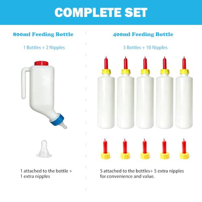 5 PCS 400ml Goat Bottles for Feeding Baby Goats and 1 PCS 800ml Lamb Feeding Bottle with Hang Upside Down Design, Extra 6 Bottle Nipples, Milk Feeder Bottles for Farm, Sheep, Lamb, Calf, Pigle, Dog