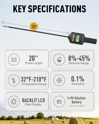 Hay Moisture Tester with 20" Probe, Moisture & Temperature Meter for Round and Square Hay Bales, Fast Backlit Readings, Calibration Clip Included, Black