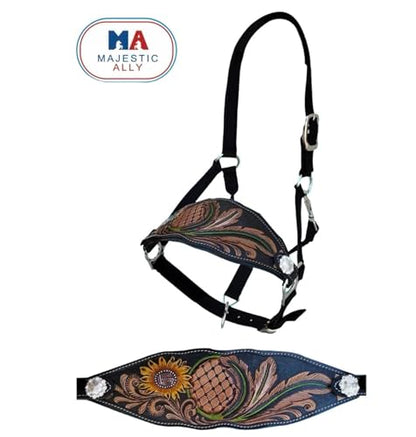 Majestic Ally Equestrian Designer Bronc Halter for Horses, Hand-Tooled Leather Nose, Padded Nylon Crown and Noseband - style: Leaves and Flowers
