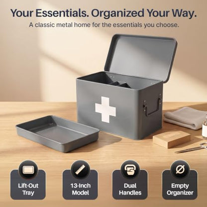 Flexzion Large Metal First Aid Box Empty, 13-Inch, Gray with White Cross - color: Gray, size: 13 Inch without Latch Lock