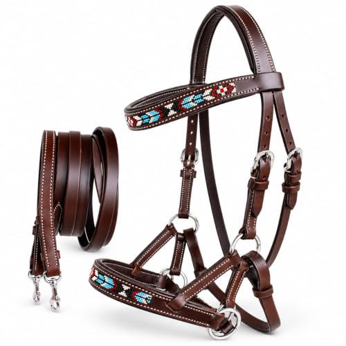 CHALLENGER Horse Western Leather Tack Beaded Bitless Sidepull Bridle Reins Brown 77RT07BR-F