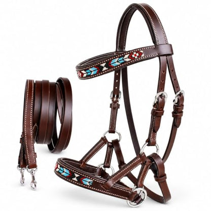 CHALLENGER Horse Western Leather Tack Beaded Bitless Sidepull Bridle Reins Brown 77RT07BR-F