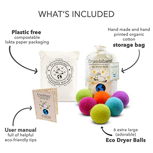 Friendsheep Wool Dryer Balls, Organic Reusable Fabric Softener Alternative for Laundry, Handmade, Fair Trade, Hypoallergenic, Eco-Friendly, Plastic-Free (6 Pack XL - Rainbow Blast) | Reusable fabric softener alternative Organic wool, handmade, fair trade,
