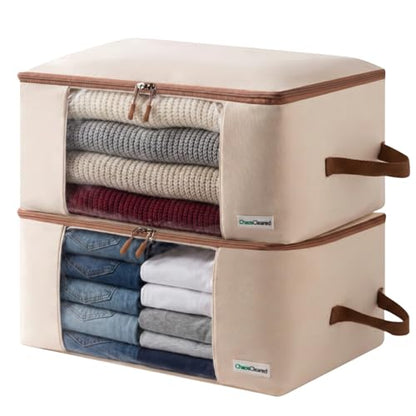 Chaos Cleared Canvas Storage Bags Designer Organizer for Clothing 2 Pack – Clothes Organizers for sweaters, clothing, garment, bedding, quilt, linens, large bag with zip & window, mothproof - size: Clothing Bag 2 Pack