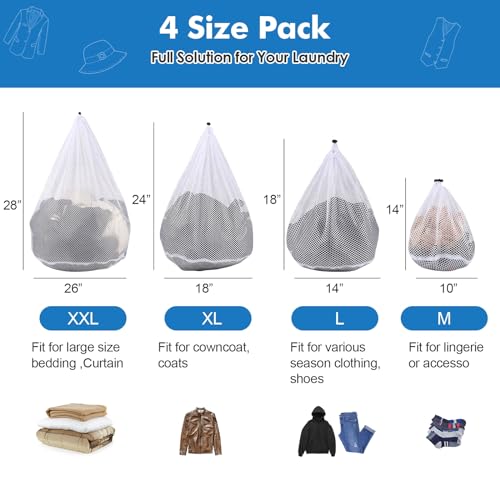 4Pcs Mesh Laundry Bags Washing Machine Mesh Wash Bags for Clothes,Underwear,Lingerie, Bed Linen with Drawstring Closure Sturdy(4 Size) - color: White, size: Pack 4 pcs