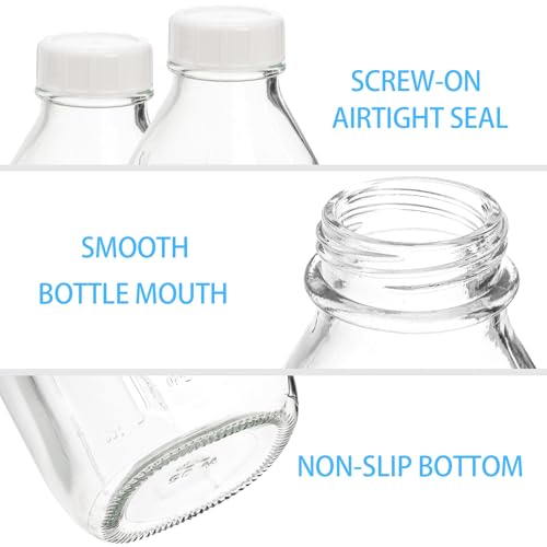 Bekith 6 Pack Liter Glass Milk Bottles with Airtight Screw Lid, 32 Oz Reusable Glass Bottles with Dispenser Cap for Milk, Honey, Jam, Syrup (2 Pour Spout Lids, 2 Lables and 2 Bottle Brushes Included)