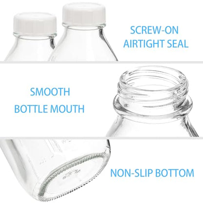 Bekith 6 Pack Liter Glass Milk Bottles with Airtight Screw Lid, 32 Oz Reusable Glass Bottles with Dispenser Cap for Milk, Honey, Jam, Syrup (2 Pour Spout Lids, 2 Lables and 2 Bottle Brushes Included)