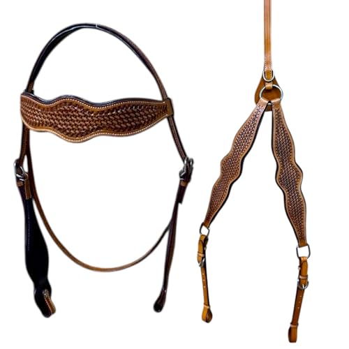 Majestic Ally Tooled Leather Western Headstall & Breast Collar Set – Handcrafted Leather, Classic Western Tack, Multiple Styles & Designs - style: 1007-NAT