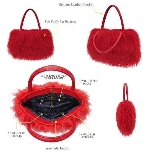 Women Luxury Real Curly Mongolian Lamb Fur Purse - color: Red