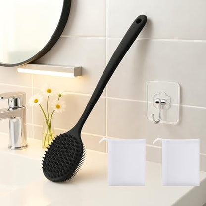 Silicone Body Scrubber for Shower Men Women – Dual-Sided Exfoliating & Massage Shower Brush with Long Handle, Creates Rich Lather, Includes 1 Hook & 2 Lather Balls (Black). - color: Black