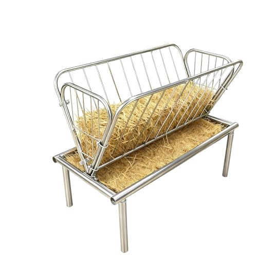 Commercial-Grade Hay Feeder, 2-in-1 Goat Hay Feeder with Deep Feed Pan, Heavy-Duty Galvanized Steel Hay Rack, Weather-Resistant & Scratch-Resistant Horse Hay Feeder for Large Livestock Herds