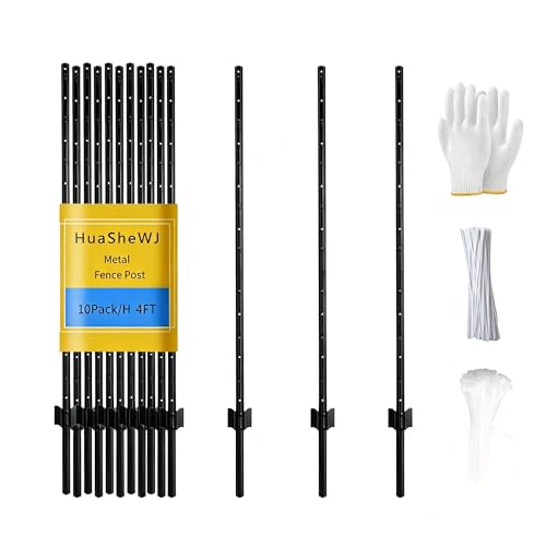 Metal Fence Post 4 Feet Black Pack of 10 U Post for Wire Fence - color: Black 10pcs, size: 4 ft.