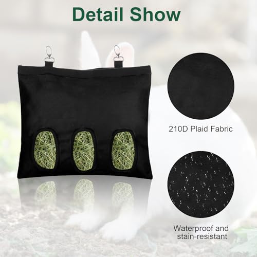 2 Pcs Rabbit Hay Feeder,Guinea Pig Hay Feeder,13×10.8 Inch Guinea Pig Bag,Small Animal Feeding Bag for Rabbits, Hamsters, Hedgehogs (3 Holes,Black) - color: black