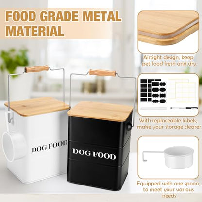 Tioncy 2 Pcs Metal Dog Food Storage Containers Total 10-14 Lbs (50 Cup) Capacity, Airtight Pet Food Canister with Bamboo Lids Scoop DIY Labels Dog Treat Storage Jars for Kitchen Counter(Black，white) - color: Black+White