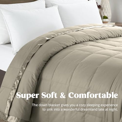 puredown® Blankets Queen Size - Soft Lightweight Down Blanket for All Seasons, Cozy Warm Luxury Bed Blanket with Satin Trim, Khaki (90"X90") - color: 07 Khaki, size: Full/Queen