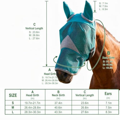 Horse Fly Mask with Ears - UV Protection, Breathable Mesh, Soft Edging for Comfort, Adjustable Fit for Horses & Ponies - Stops Flies, Bugs & Sun Bleaching, Size M - size: M