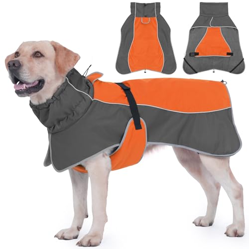 Dog Raincoat, Waterproof Dog Coat with Polar Fleece Lining - color: Orange, size: Large