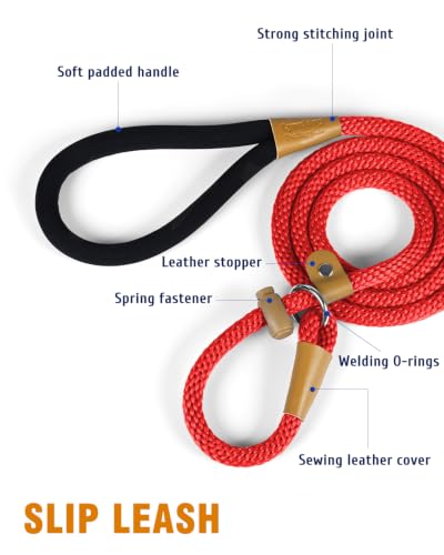 Dog Leash Slip Lead Braided Rope Pet Training Loop Leashes 5ft 6ft 8ft - color: Red