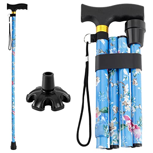 Walking Cane PANZHENG Cane for Man/Woman | Mobility & Daily Living Aids | 5-Level Height Adjustable Walking Stick | Comfortable Plastic T-Handle Portable Walking Stick Folding Cane - color: Cane-Blue print