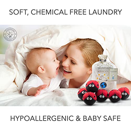 Friendsheep Wool Dryer Balls, Organic Reusable Fabric Softener Alternative for Laundry, Handmade, Fair Trade, Hypoallergenic, Eco-Friendly, Plastic-Free (6 Pack XL – Ladybugs) | Reusable fabric softener alternative Organic wool, handmade, fair trade, hypo