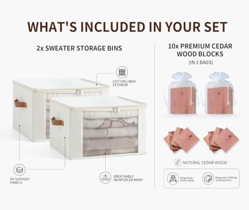 Qozary Cashmere Sweater Storage Bags for Closet with Cedar Blocks, 2 Pack