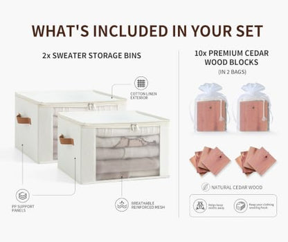 Qozary Cashmere Sweater Storage Bags for Closet with Cedar Blocks, 2 Pack