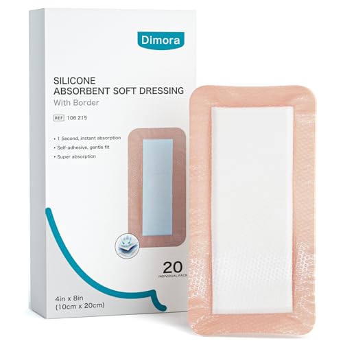 Dimora 20 Count Silicone Super Absorbent Wound Dressing - 4" x 8" Soft Gauze Pads for Bed Sores Leg Ulcers Post Surgical Incisions, Adhesive Wound Bandage with Gentle Border - size: 4"x 8" - 20 pcs