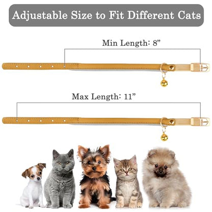 OOPSDOGGY Rolled Leather Cat Collar with Bell - Reflective Kitten Collar with Safety Elastic Strap - Adjustable Small Pet Collars for Boy Girl Cats (Camel) - color: Camel