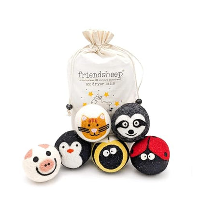 Friendsheep Wool Dryer Balls (6 Pack XL - Critter Camp) | Reusable fabric softener alternative Organic wool, handmade, fair trade, hypoallergenic, eco-friendly, plastic-free - color: Critter Camp, size: 1 Count (Pack of 6)