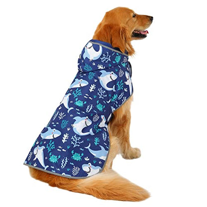 HDE 2-in-1 Reversible Dog Raincoat Hooded Poncho Rain Jacket Bl Sharks L - color: Sharks, size: Large