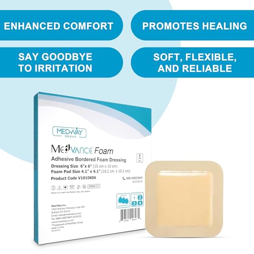 Medvance Waterproof Adhesive Bordered Foam Dressing, 6"x6", Box of 5 | Individually Wrapped - Highly Absorbent Bandages - Semi-Permeable Foam Wound Dressing Pads - size: 6"x6" - Box of 5
