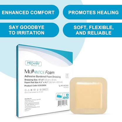 Medvance Waterproof Adhesive Bordered Foam Dressing, 6"x6", Box of 5 | Individually Wrapped - Highly Absorbent Bandages - Semi-Permeable Foam Wound Dressing Pads - size: 6"x6" - Box of 5