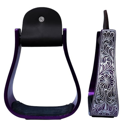 HILASON Western Aluminum Horse Riding Stirrups – Engraved Floral Design with Rubber Tread - color: Purple