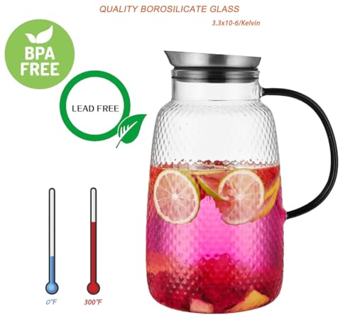Purefold Pitcher with Lid, Glass Jug with Stainless Steel Lid for Hot and Cold Water, Fruit Tea, Coffee Maker, Ice Tea, Juice, Pineapple Series (Clear, 80 oz) | Fruit tea, coffee, iced tea, juice jug. Leakproof, dishwasher safe. BPA free Pineapple Series