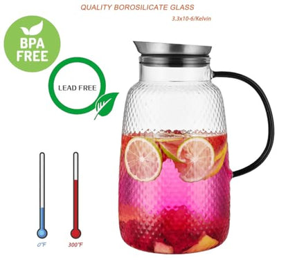 Purefold Pitcher with Lid, Glass Jug with Stainless Steel Lid for Hot and Cold Water, Fruit Tea, Coffee Maker, Ice Tea, Juice, Pineapple Series (Clear, 80 oz) | Fruit tea, coffee, iced tea, juice jug. Leakproof, dishwasher safe. BPA free Pineapple Series
