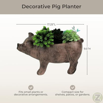 Zeckos Pig Planter 17 Inch Rustic Brown Smiling Garden Pot | Magnesium Oxide, Weather-Resistant, 8 by 5 by 5 Inch Interior for Succulents, Herbs, Or Grasses - color: Pig - Brown