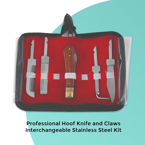 Professional Hoof Knife and Claws Interchangeable Stainless Steel Kit – Hoof Trimming & Cleaning Tools with Ergonomic Handle for Horses, Cattle, Livestock Animal - Zipper Case (Set of 4)