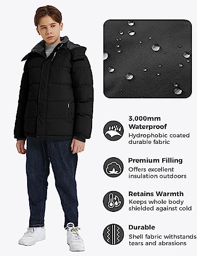 wantdo Boys Puffy Winter Coats Fleece-Lined Snow Jackets Removable Hood | Elastic Cuffs, Hook-and-Loop Collar, Windproof, Machine Washable - color: Black, size: 8-9