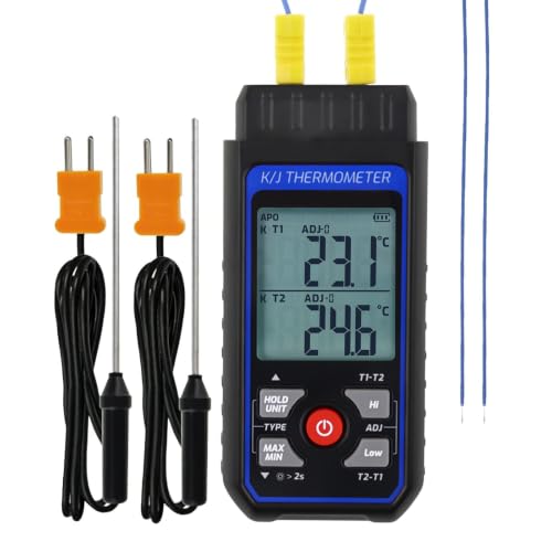 Dual-Channel K/J Thermocouple Thermometer with 4 K-Type Thermocouples -328°F ~ 2501°F Measurement Range HVAC Temperature Meter Gauge with Data Hold, MAX/MIN/AVG, Hi/Lo Backlit Alarm, ADJ Compensation - color: Digital Dual Channels K J Type Thermometer