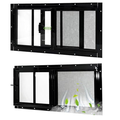 Yuzzy Shed Windows 2 Pack, 10"x23" Sliding Windows Transom Window with Tempered Glass and Removable Fiberglass Screen for Shed, Chicken Coop, Playhouse, Household, Garage, Barns (Black) - color: Black, size: 10"x23"