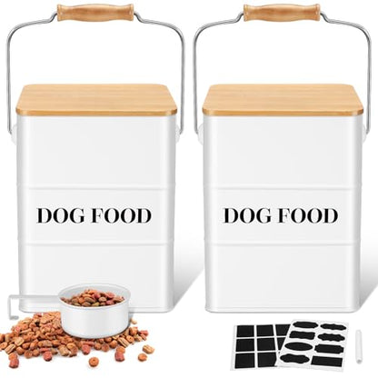 Tioncy 2 Pcs Metal Dog Food Storage Containers Total 10-14 Lbs (50 Cup) Capacity, Airtight Pet Food Canister with Bamboo Lids Scoop DIY Labels Dog Treat Storage Jars for Kitchen Counter(White) - color: White