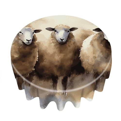 Watercolor Sheep Round Tablecloth 60 Inch Wrinkle-Free | Spill Proof Table Cover with Scalloped Edge, Washable Polyester Table Cloth for Dining Room, Kitchen, Picnic, Party, Wedding