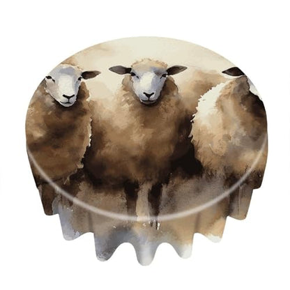 Watercolor Sheep Round Tablecloth 60 Inch Wrinkle-Free | Spill Proof Table Cover with Scalloped Edge, Washable Polyester Table Cloth for Dining Room, Kitchen, Picnic, Party, Wedding