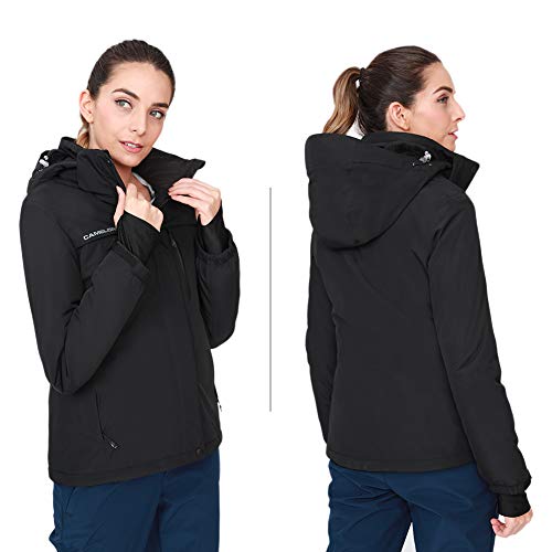 CAMEL CROWN Women’s Mountain Snow Waterproof Ski Jacket Detachable Hood Windproof Fleece Parka Rain Jackt Winter Coat - color: New Black-1, size: Large